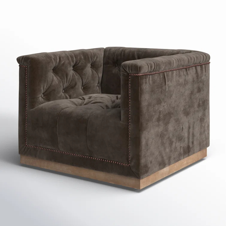 Handcrafted Gray Velvet Swivel Armchair with Bronze Nailheads