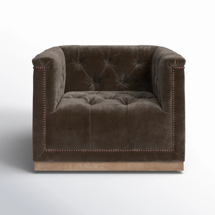 Handcrafted Gray Velvet Swivel Armchair with Bronze Nailheads