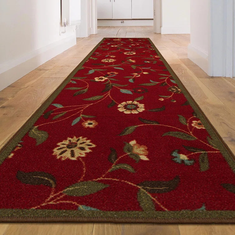 Ottohome Non-Slip Floral Leaves Area Rug For Living Room, Hallway, Entryway Rug, Dark Red