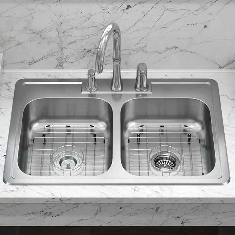 KDK HOME KH-3322T+Grid KDK HOME 33" x 22" Drop In Kitchen Sink 50/50 Double Bowl Sink with Bottom Grid & Basket Strainer