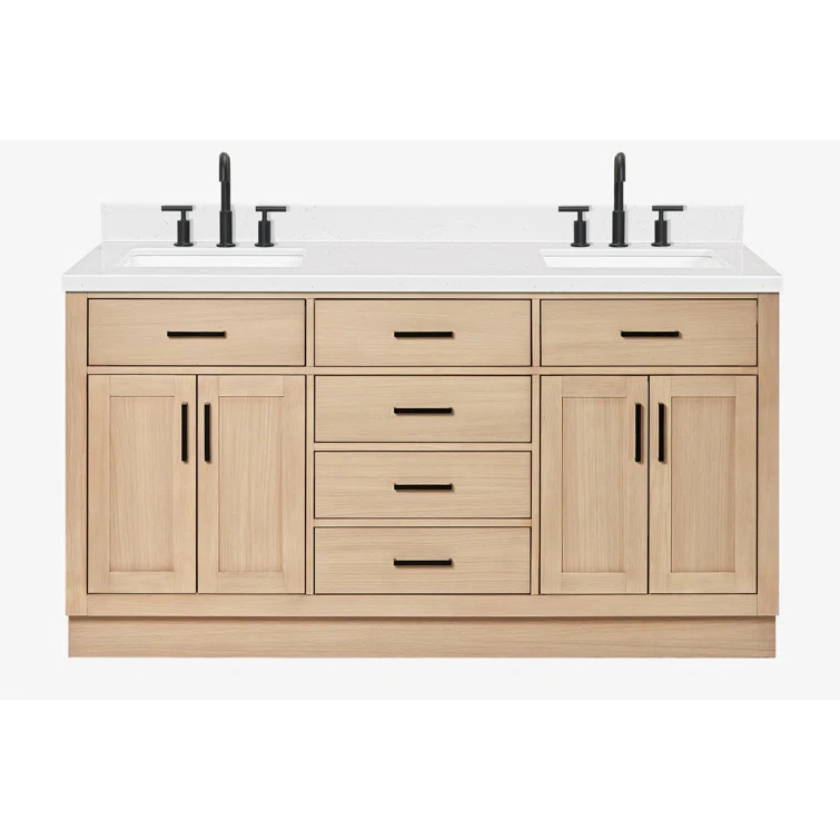 Tidworth 66'' Solid Wood Double Bathroom Vanity with 1.5'' Carrara Quartz Top, Rectangular Sinks