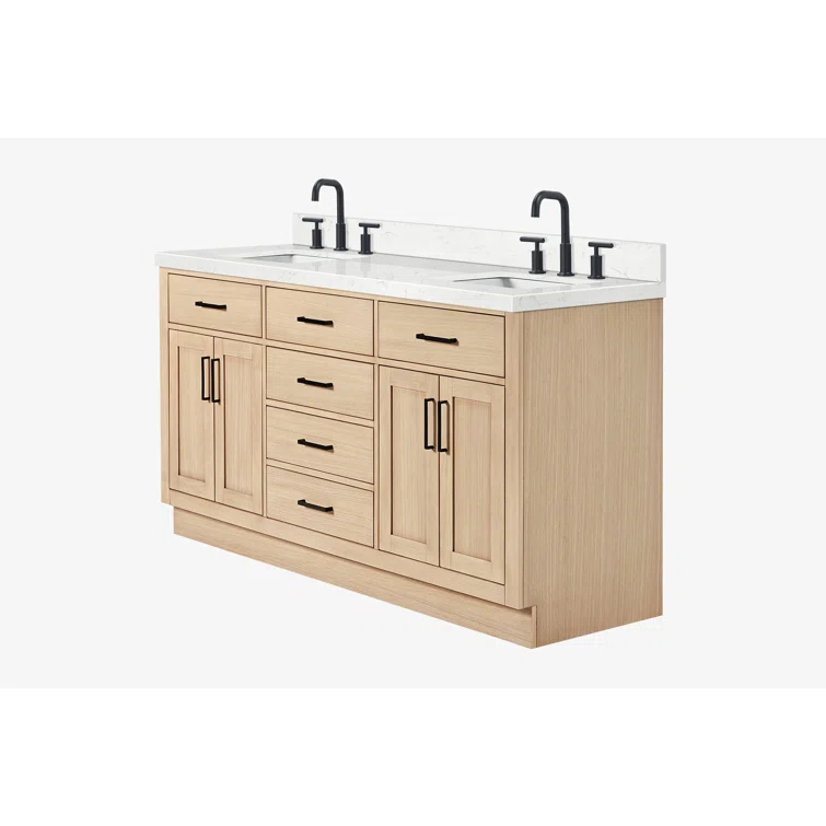 Tidworth 66'' Solid Wood Double Bathroom Vanity with 1.5'' Carrara Quartz Top, Rectangular Sinks
