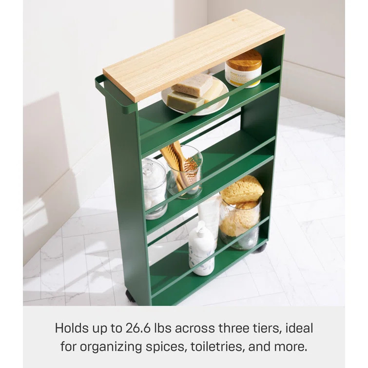 Tower Yamazaki Home Rolling Slim Storage Three Tier Utility Cart With Handle, Steel, Handle, Wheels