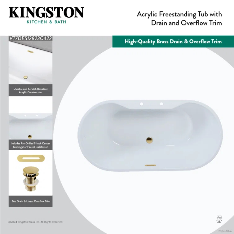 Kingston Brass Aqua Eden 51-Inch Acrylic Oval Double Ended Freestanding Tub With Drain