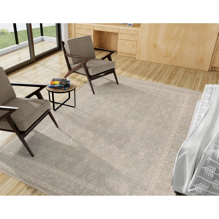 Ainsley Taupe and Light Blue Hand-Knotted Wool-Viscose Rug with Fringe