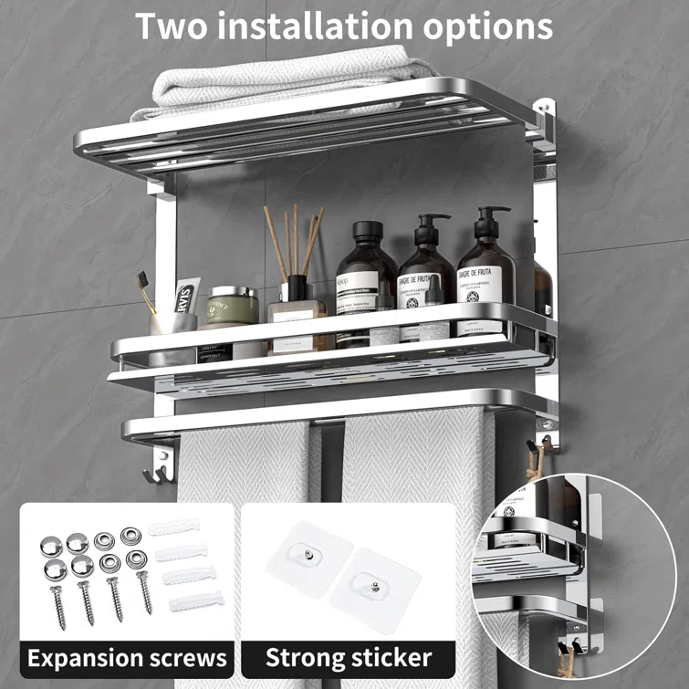 22.8Inch Towel Rack For Bathroom And Lavatory Towel Hanger With Wall Mount Towel Bars 304 Stainless Steel No Drill (Collapsible Towel Rack With Bathroom Organize Shower Shelves)