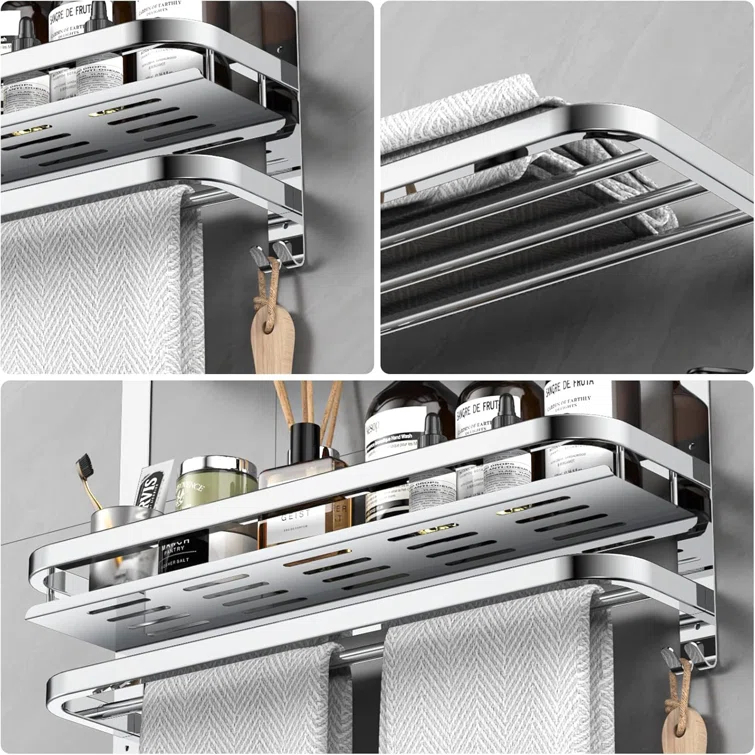 22.8Inch Towel Rack For Bathroom And Lavatory Towel Hanger With Wall Mount Towel Bars 304 Stainless Steel No Drill (Collapsible Towel Rack With Bathroom Organize Shower Shelves)