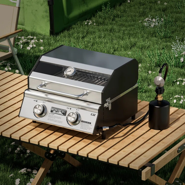 Monument Grills 13742,2-Burner Portable Stainless Steel Tabletop Propane Gas Grill with High Lid and Travel Locks, 15,000 BTU – Perfect for Family BBQs