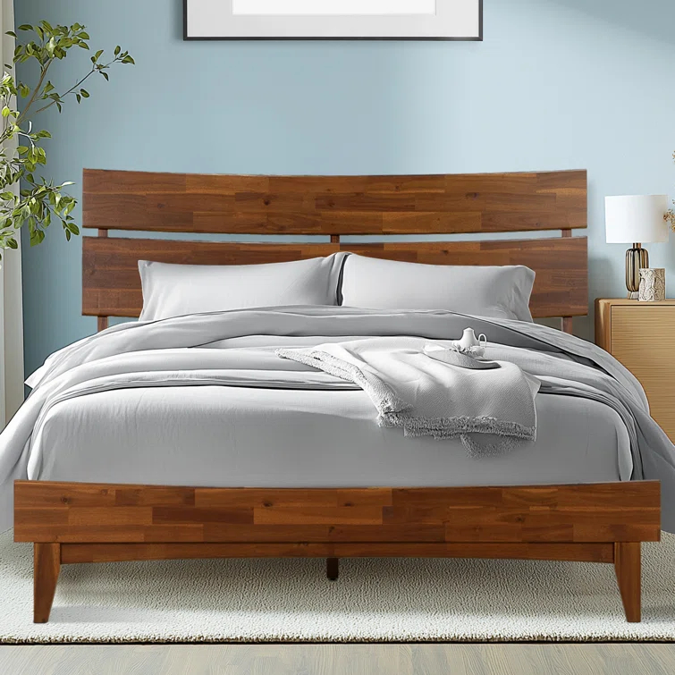 Acacia Aurora Premium Solid Wood Platform Bed Frame and High Headboard, King Bed Frame with Headboard Included, Mid Century Modern Bed with 5 years Warranty