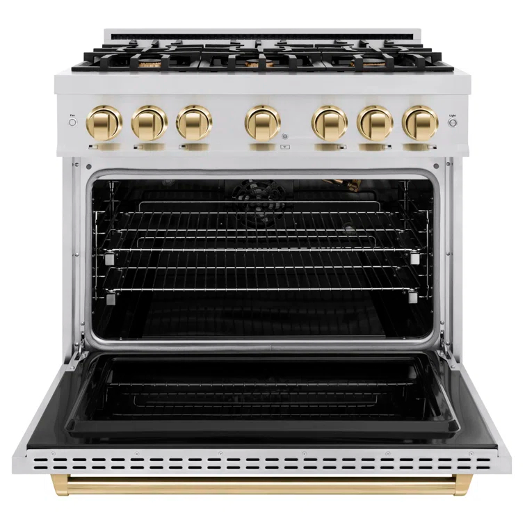 ZLINE CGRZ-36-G ZLINE Autograph Edition 36 in. 5.2 cu. ft. Classic Gas Range W/ 6 Burner Cooktop & Convection Gas Oven in Stainless Steel & Champagne Bronze Accents (CGRZ-36-CB)
