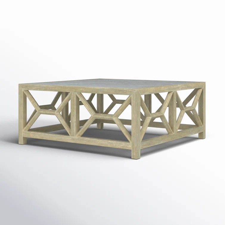 Driftwood Finish Square Wood Cocktail Table with Stone Veneer