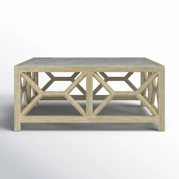 Driftwood Finish Square Wood Cocktail Table with Stone Veneer