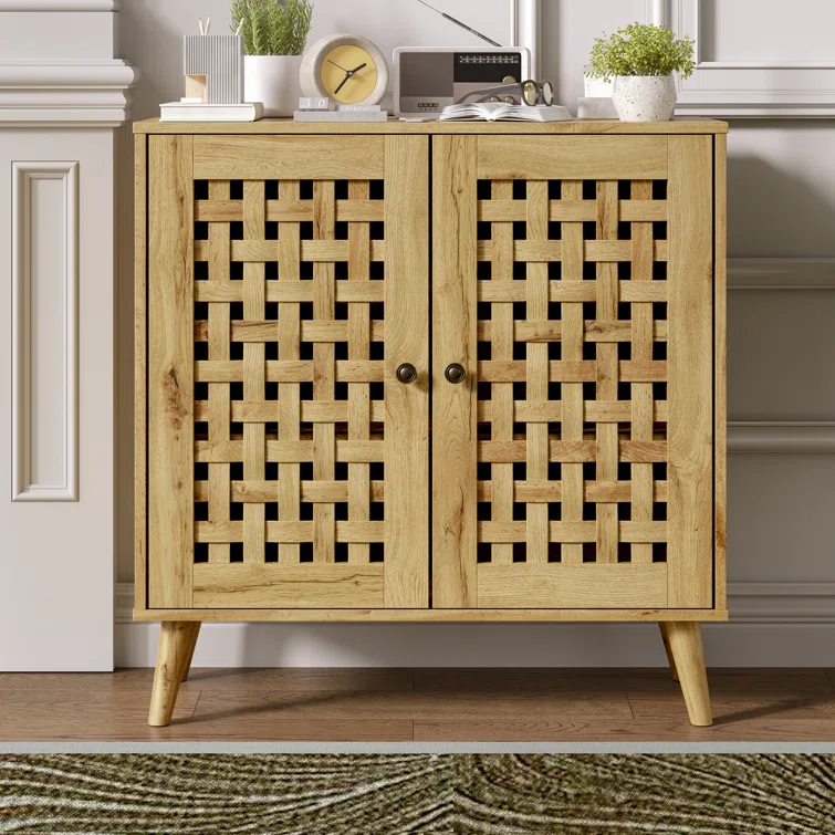 Vintage Storage Cabinet With 2 Basket Weave Wooden Doors