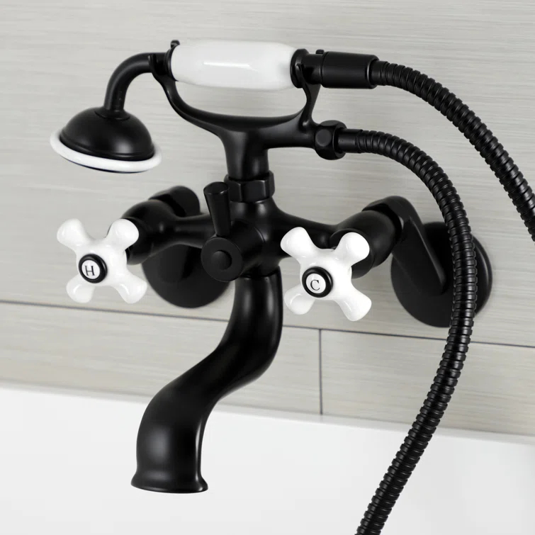 Kingston Brass Kingston Three-Handle 2-Hole Wall Mount Clawfoot Tub Faucet with Hand Shower