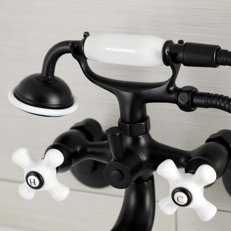 Kingston Brass Kingston Three-Handle 2-Hole Wall Mount Clawfoot Tub Faucet with Hand Shower