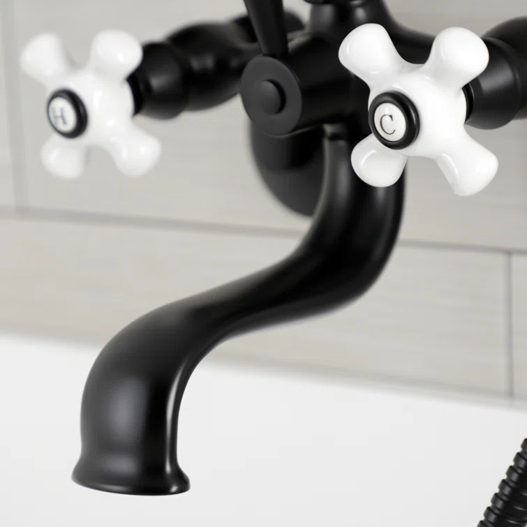 Kingston Brass Kingston Three-Handle 2-Hole Wall Mount Clawfoot Tub Faucet with Hand Shower