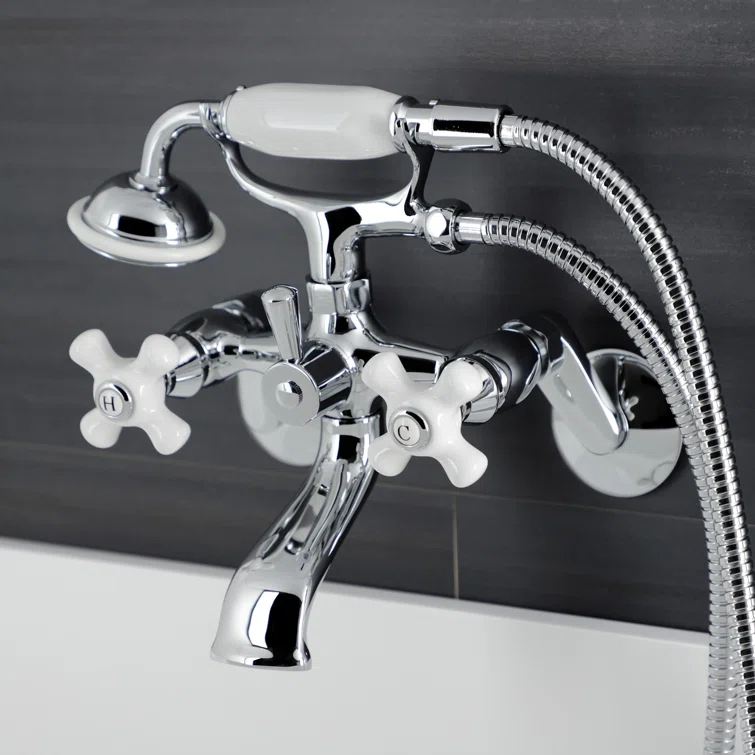 Kingston Brass KS266PXC Kingston Brass Kingston Three-Handle 2-Hole Wall Mount Clawfoot Tub Faucet with Hand Shower