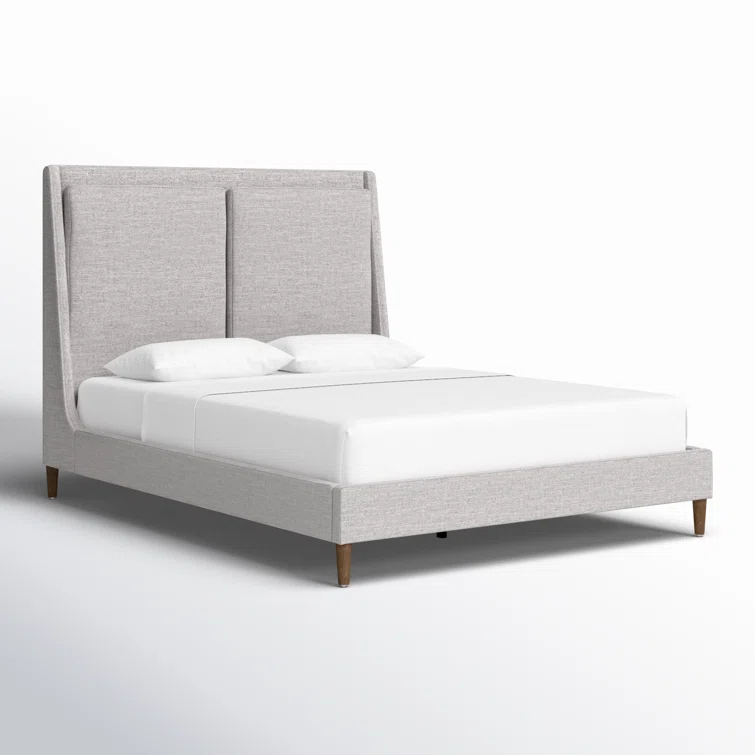 Gray Upholstered Queen Bed with Tapered Headboard and Wood Legs