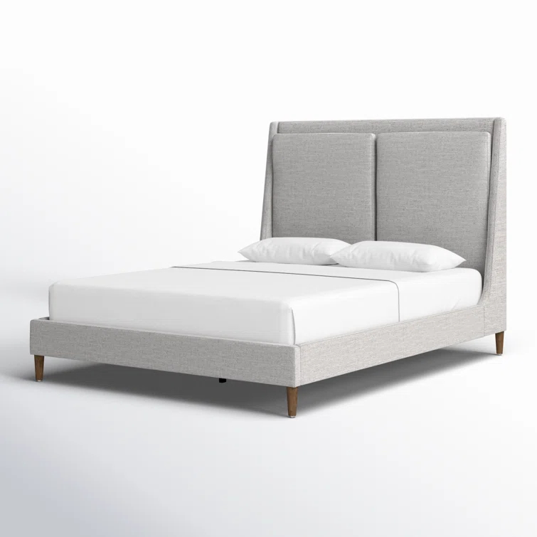 Gray Upholstered Queen Bed with Tapered Headboard and Wood Legs