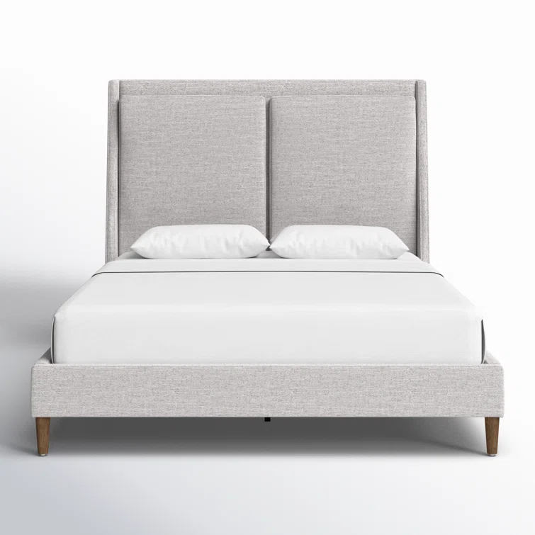 Gray Upholstered Queen Bed with Tapered Headboard and Wood Legs