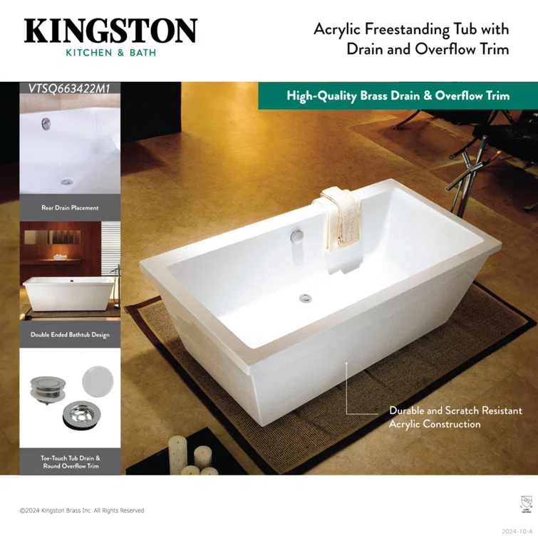 Kingston Brass VTSQ663422M0 Kingston Brass Aqua Eden 66-Inch Acrylic Rectangular Double Ended Freestanding Tub with Overflow/Drain Assembly