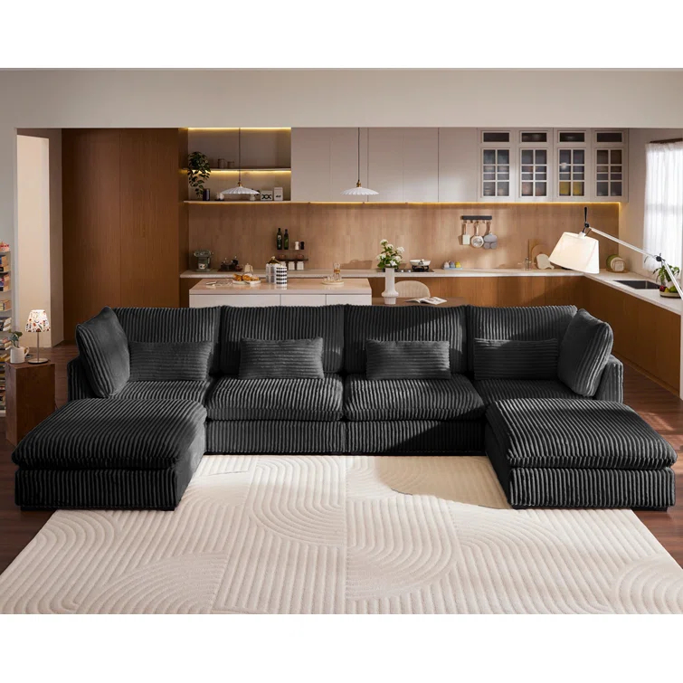 Cloud Oversized Modular Sofa, 160" Corduroy Wide Seat Sectional with Reversible Chaise, Shaped Couches Modern Comfy Fluffy Cushion Sleeper Sofa Bed with Convertible Ottoman for Living Room 6 Seater