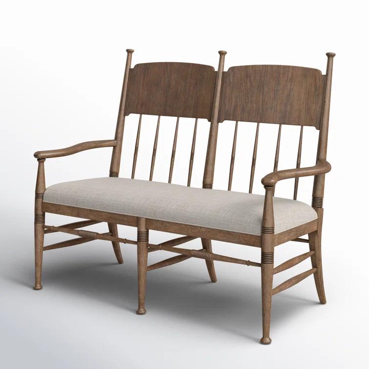 Honey Oak Upholstered Dining Bench with Armrests