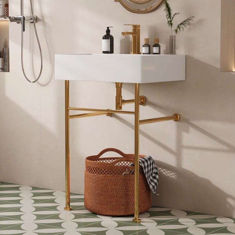 Ceramic White Rectangular Single Faucet Hole 24 in Console Bathroom Sink with Overflow
