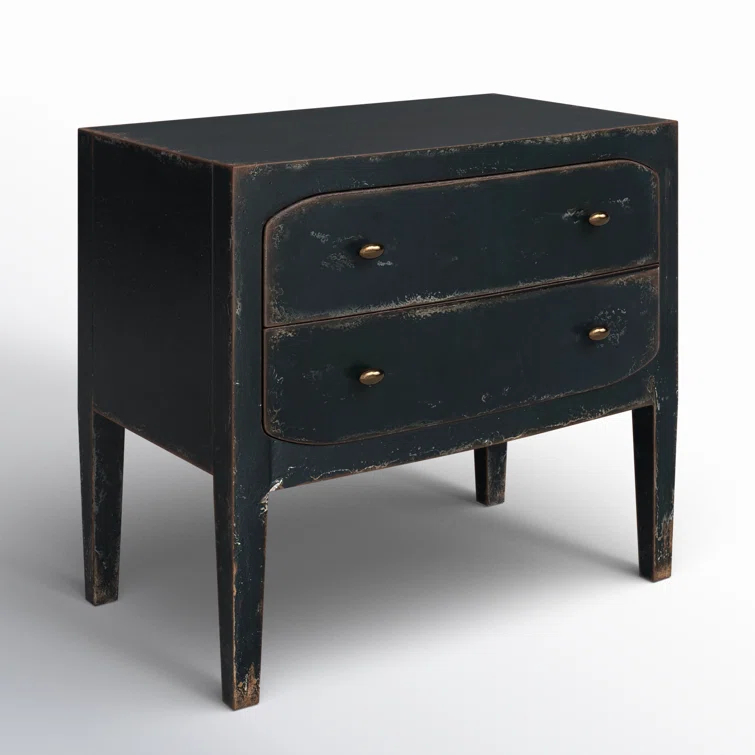 Distressed Black 34" Wood Two-Drawer Nightstand with USB Port