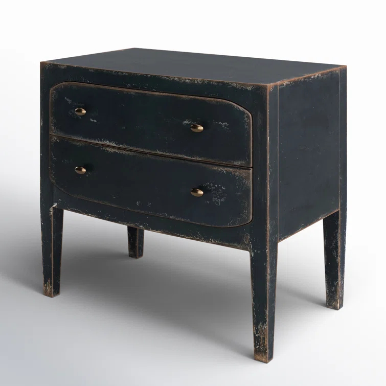 Distressed Black 34" Wood Two-Drawer Nightstand with USB Port