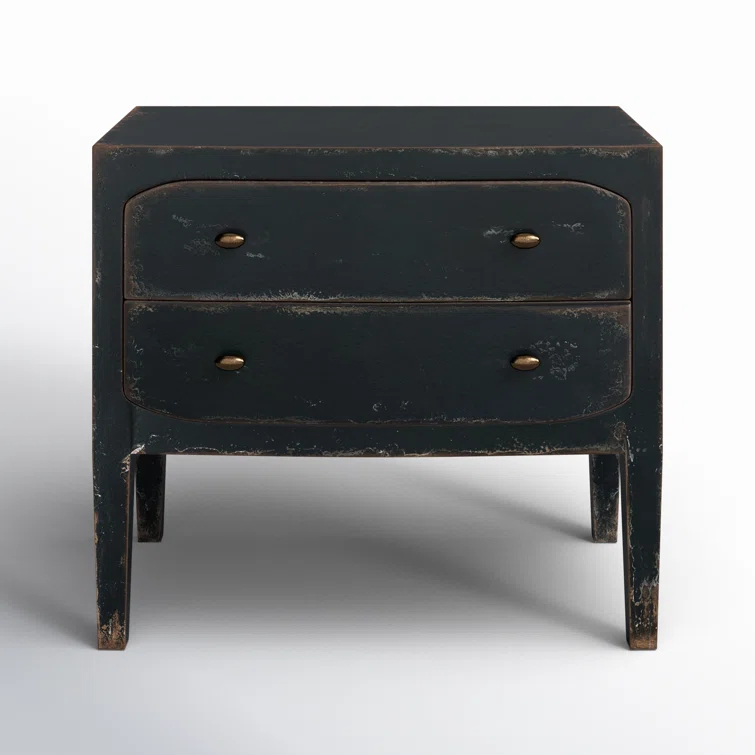 Distressed Black 34" Wood Two-Drawer Nightstand with USB Port