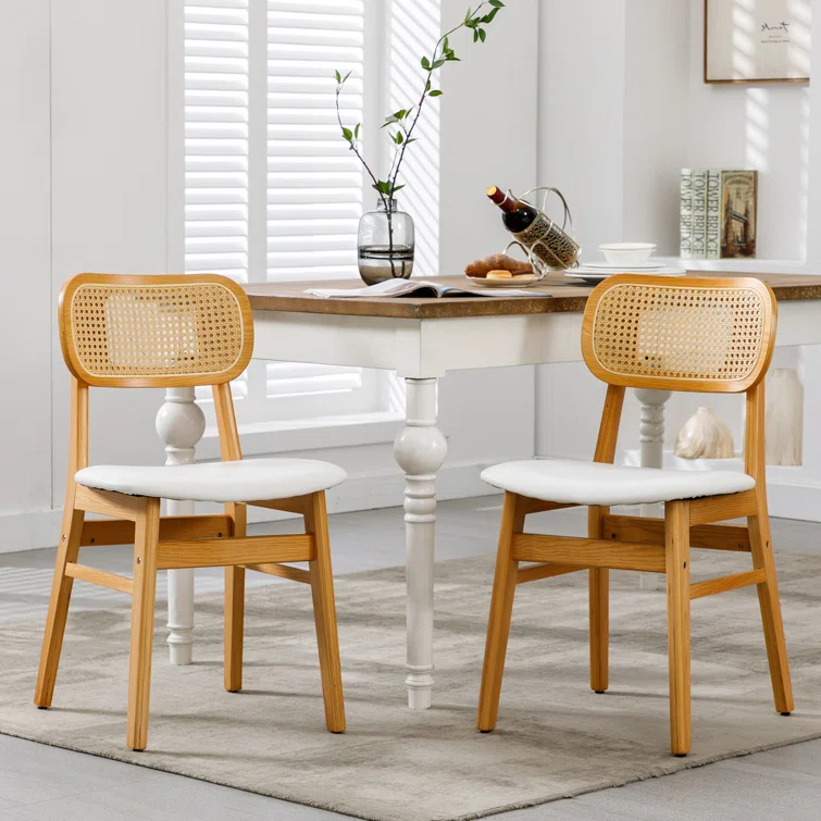 Upholstered Faux Leather Seat Rattan Back Dining Chair, Solid Wood Frame Side Chair For Living Room