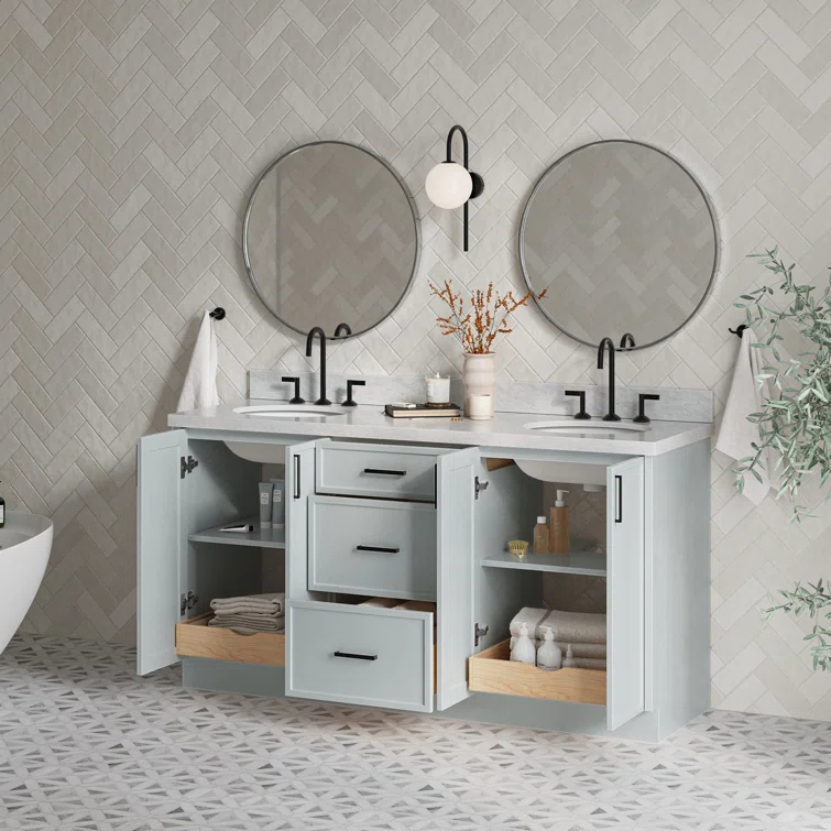 Ariel Kellie 67 Inch Double Oval Sink Bathroom Vanity With Italian Carrara Marble Countertop