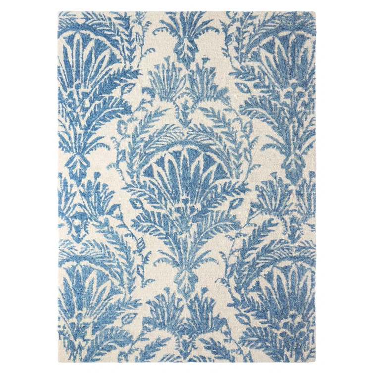 NICOLE MILLER NEW YORK Mod Damask Chambray Handcrafted Wool Area Rug Blue