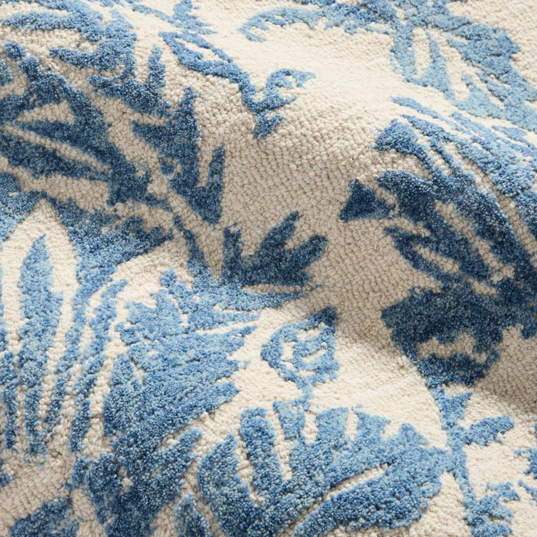 NICOLE MILLER NEW YORK Mod Damask Chambray Handcrafted Wool Area Rug Blue