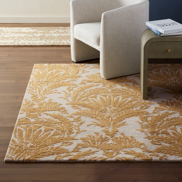 NICOLE MILLER NEW YORK Mod Damask Chambray Handcrafted Wool Area Rug Gold