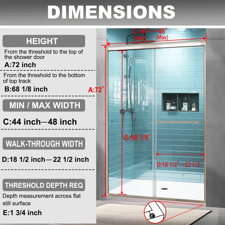 44-48 in.W x 72 in.H Semi-Frameless Sliding Shower Door Clear SGCC Tempered Glass.