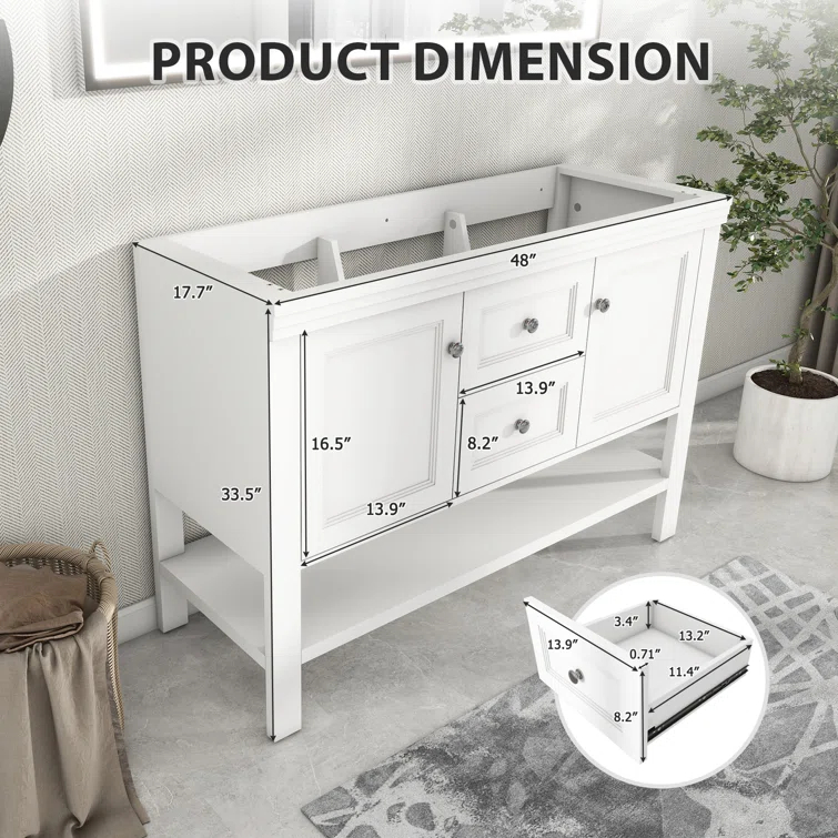 48" Double Sink Bathroom Vanity Base Only with Drawers and Shelves, Sink Not Included