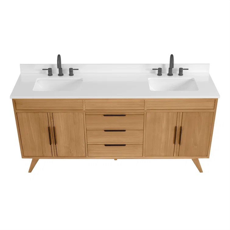 Hoult 72 in. Natural Teak Double Bathroom Vanity with Quartz Top