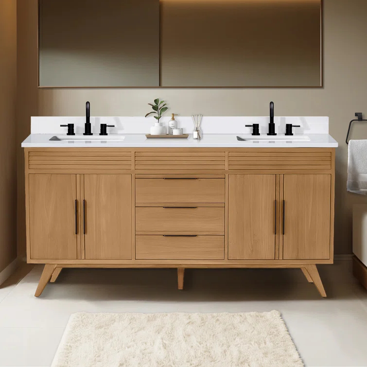Hoult 72 in. Natural Teak Double Bathroom Vanity with Quartz Top