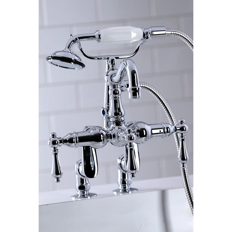 Kingston Brass Vintage Three-Handle 2-Hole Deck Mount Clawfoot Tub Faucet with Hand Shower