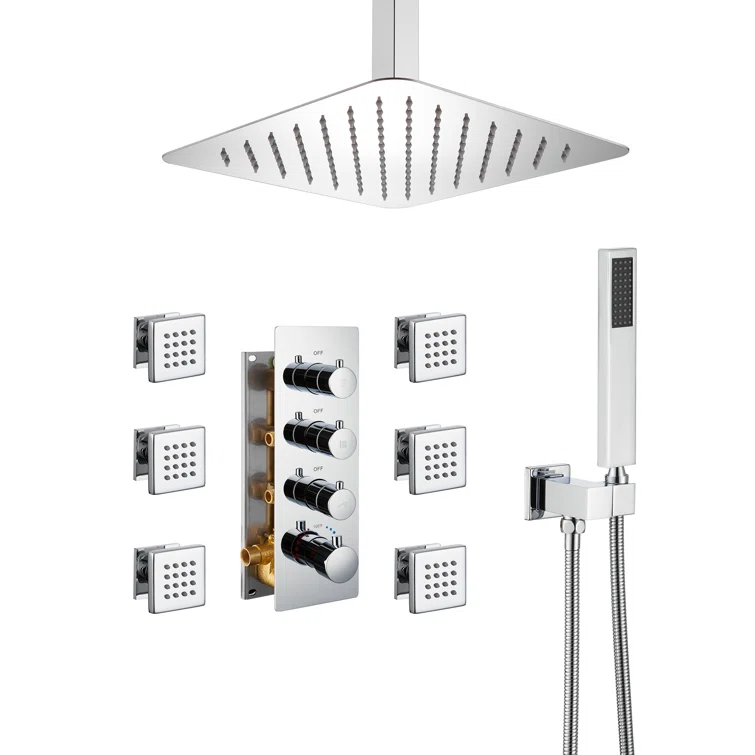 3-Fuction 12" Ceiling-Mount Thermostatic Rainfall Shower System with 6 Body Jets and Rough-in Valve