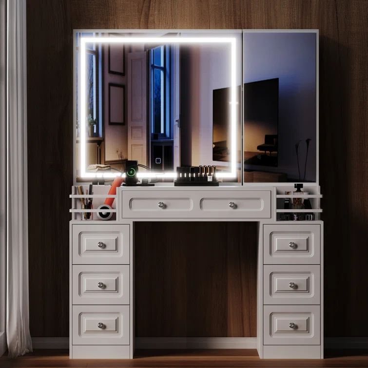 Ivy Bronx Vanity Desk With Mirror And Lights, Makeup Vanity With Charging Station & 7 Drawers, White Vanity With 2 Fences, Dressing Table With Hidden Cabinet, For Women Girls, Brightness Adjustable