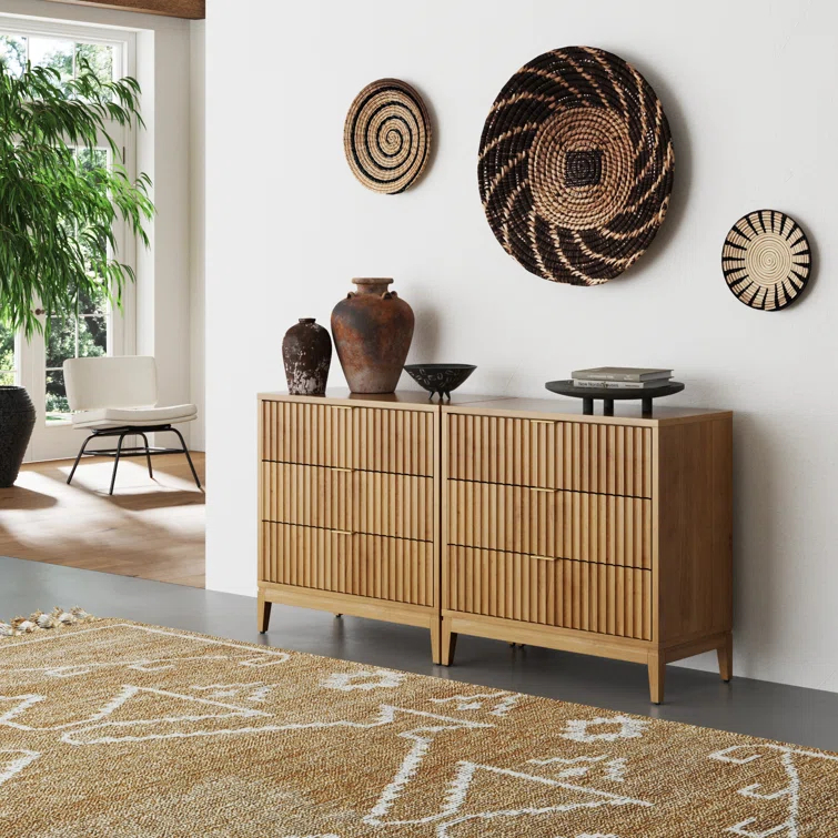 Nathan James 3-Drawer Dresser With Solid Wood Frame And Fluted Details (2-Piece Set)