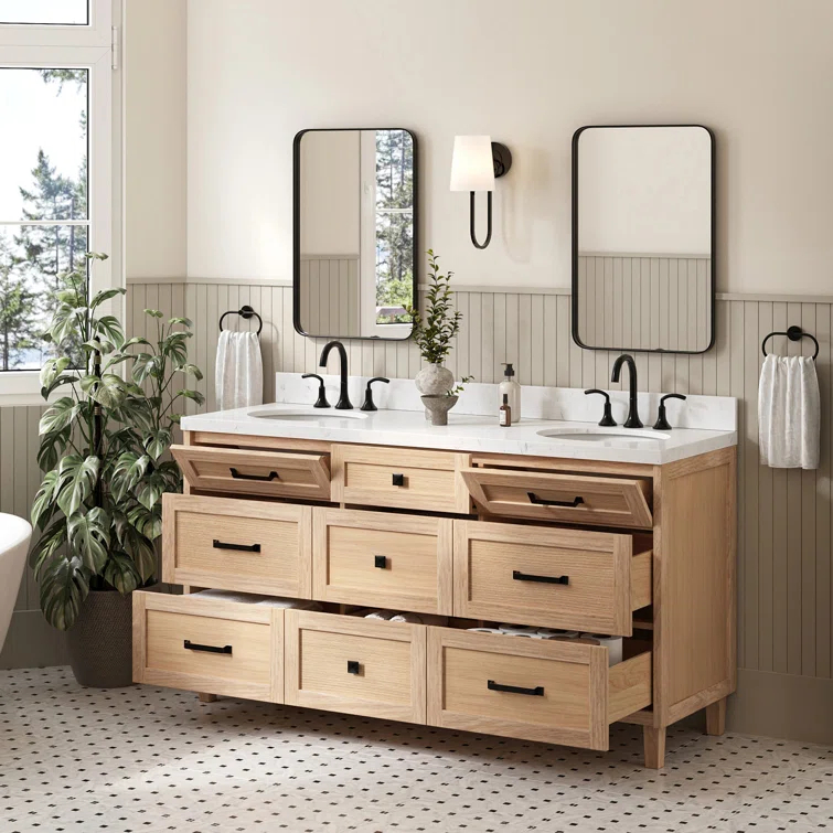 Ariel Monrow 66 Inch Double Oval Sink Bathroom Vanity With Carrara White Quartz Countertop