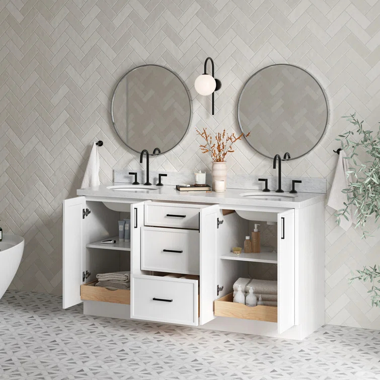 Ariel Kellie 67 Inch Double Oval Sink Bathroom Vanity With Italian Carrara Marble Countertop