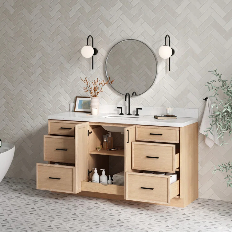 Ariel Kelly 66 Inch Single Rectangular Sink Bathroom Vanity With Carrara Quartz Countertop