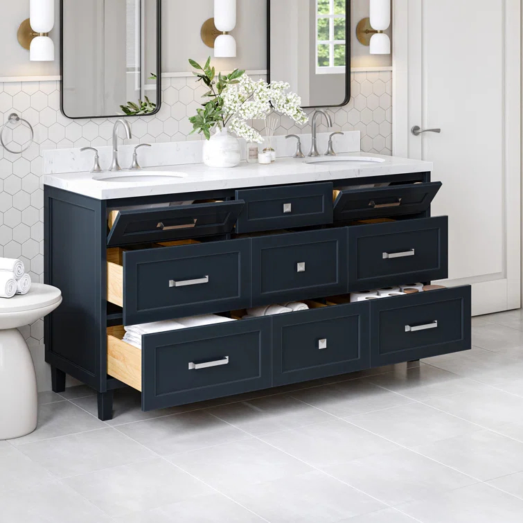 Ariel Monrow 66 Inch Double Oval Sink Bathroom Vanity With Carrara White Quartz Countertop