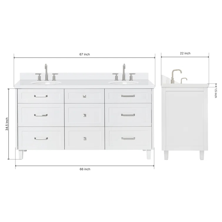 Ariel Monrow 67 Inch Double Oval Sink Bathroom Vanity With Pure White Quartz Countertop