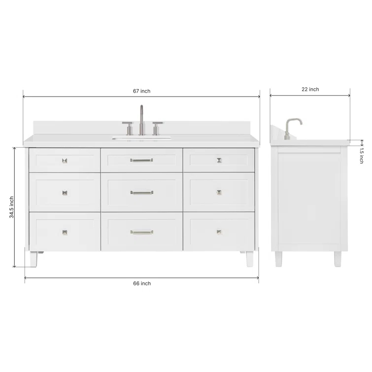Ariel Monroe 67 Inch Single Rectangular Sink Bathroom Vanity With Pure White Quartz Countertop